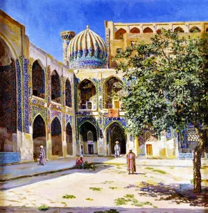 The Court Yard of the Sher-Dor Mosque in Samarkand by Lev Boure Oil Painting