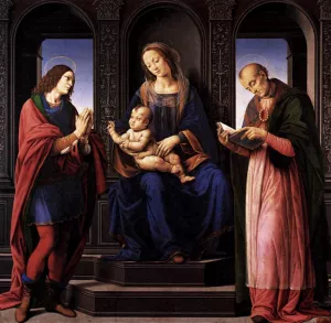 The Virgin and Child with St Julian and St Nicholas of Myra by Lorenzo Di Credi Oil Painting