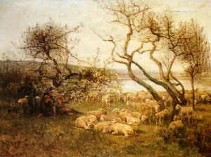 Tending the Flock in a Blossoming Landscape by Louis Aime Japy Oil Painting