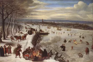 View of Antwerp with the Frozen Schelde by Lucas Van Valkenborch Oil Painting