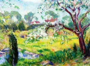 Landscape with Trees, Pond and White House by Lucien Abrams Oil Painting