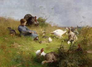 A Young Girl with a Flock of Turkeys by Luigi Chialiva Oil Painting