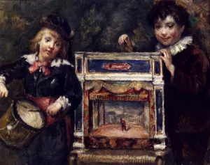 Portrait Of The Artist's Two Sons With Their Puppet Theatre by Marcellin Desboutin Oil Painting