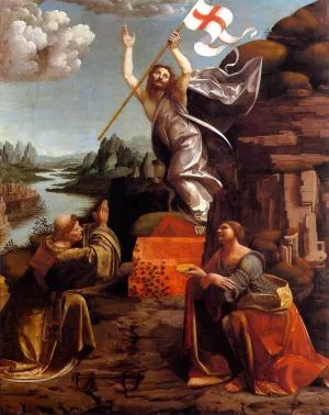 Resurrection of Christ with Sts Leonardo and Lucy by Marco D' Oggiono Oil Painting