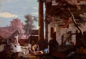 An Architectural Capriccio With Figures, A Man Drinking From A Fountain by Marco Ricci Oil Painting