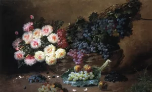 Still Life with Roses and Grapes by Max Carlier Oil Painting