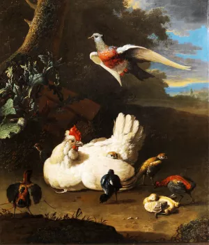 Poultry (Chicken, Chicks, Quail, Dove) in Landscape under a Tree by Melchior De Hondecoeter Oil Painting