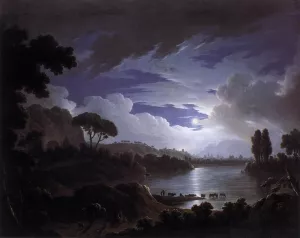 Moonlit Scene on the Tiber near Rome by Michael Wutky Oil Painting