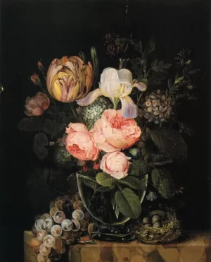 Still Life with Flowers, Grapes and a Bird's Nest by Michel Joseph Speeckaert Oil Painting