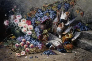 Roses Peaches Grapes and Game by Modeste Carlier Oil Painting