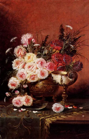 Still Life of Roses and a Nautilus Cup on a Draped Table by Modeste Carlier Oil Painting