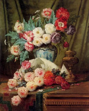 Still Life of Roses and other Flowers on a Draped Table by Modeste Carlier Oil Painting