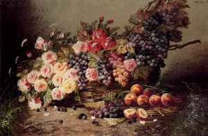 Still Life of Roses, Peaches and Grapes in a Basket by Modeste Carlier Oil Painting