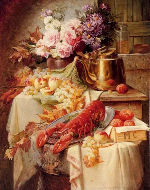 Still Life with a Lobster and Assorted Fruit and Flowers by Modeste Carlier Oil Painting