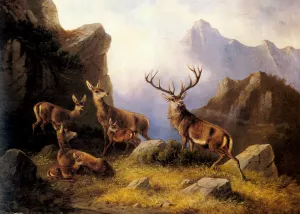 Deer in a Mountainous Landscape by Moritz Muller Oil Painting