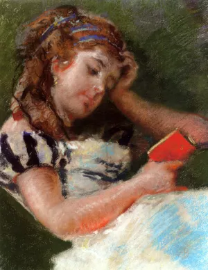 A Young Girl Reading by Mose Bianchi Oil Painting