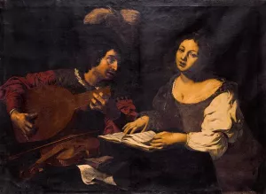 A Musician Playing a Lute to a Singing Girl by Nicolas Regnier Oil Painting