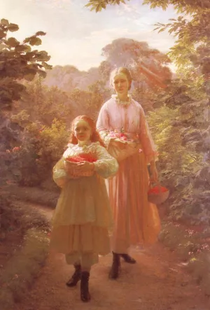 Sisters Gathering Raspberries And Roses, Summer by Ole Henrik Olrik Oil Painting