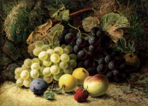 Grapes, Apples, a Plum, a Peach and a Strawberry, on a Mossy Bank by Oliver Clare Oil Painting