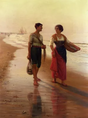 A Walk on the Beach by Pasquale Celommi Oil Painting