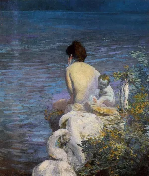 Bather with Child and Swan by the Sea by Paul Albert Besnard Oil Painting