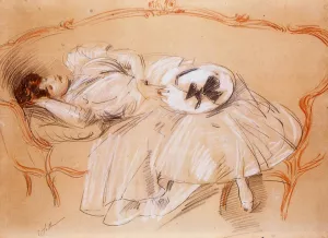Young Woman on a Divan by Paul Cesar Helleu Oil Painting