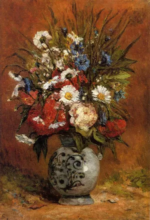 Daisies and Peonies in a Blue Vase by Paul Gauguin Oil Painting