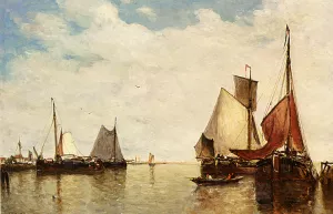 Moored Ships In A Small Harbour by Paul-Jean Clays Oil Painting
