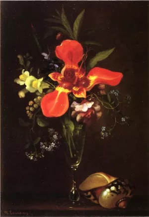 Vase of Flowers and a Shell by Paul Lacroix Oil Painting
