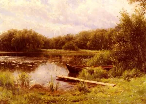 A Boat Moored On A Quiet Lake by Peder Mork Monsted Oil Painting