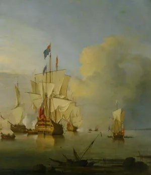 British Men Of War At Anchor With The Royal George Firing A Salute by Peter Monamy Oil Painting