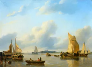 A River Landscape with Sailing Vessels by Petrus Jan Schotel Oil Painting