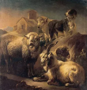A Goat, Sheep and a Dog Resting in a Landscape by Philipp Peter Roos Oil Painting