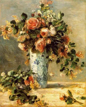Roses and Jasmine in a Delft Vase by Pierre-Auguste Renoir Oil Painting