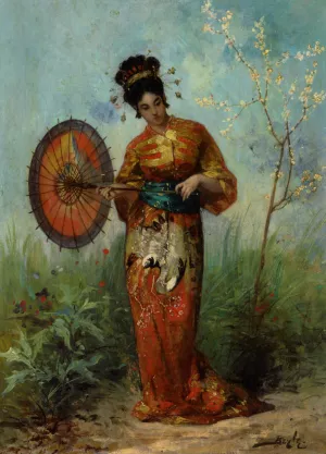 A Japanese Woman with a Parasol by Pierre-Marie Beyle Oil Painting