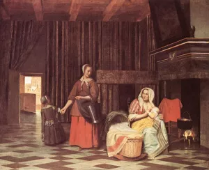Suckling Mother and Maid by Pieter De Hooch Oil Painting