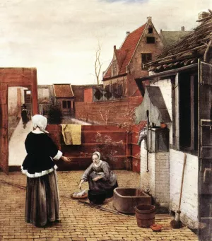 Woman and Maid in a Courtyard by Pieter De Hooch Oil Painting