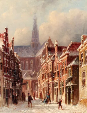 A Snowy Street With The St. Bavo Beyond, Haarlem by Pieter Gerard Vertin Oil Painting