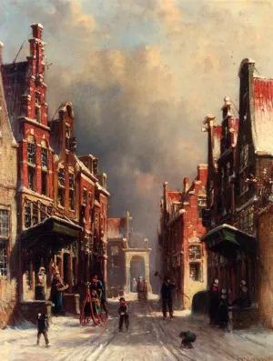 A Town View In Winter With Figures Conversing On Porches And Children Throwing Snowballs by Pieter Gerard Vertin Oil Painting