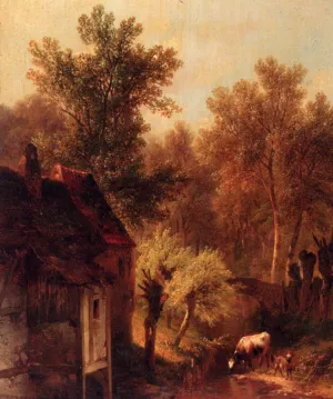 A Wooded Landscape with Cattle and a Cottage Along a Brook by Pieter Lodewijk Kuhnen Oil Painting