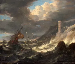 Shipping off a Rocky Coast in Storm by Pieter Mulier The Younger Oil Painting