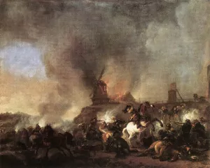 Cavalry Battle in front of a Burning Mill by Pieter Wouwerman Oil Painting