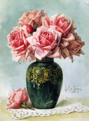Vase with Pink Roses by Raoul De Longpre Oil Painting