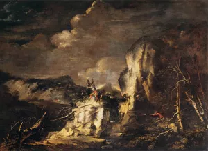 Rocky Landscape with a Huntsman and Warriors by Salvator Rosa Oil Painting
