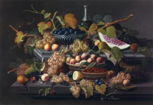 Elaborate Still Life with Silver Basket of Plums by Severin Roesen Oil Painting
