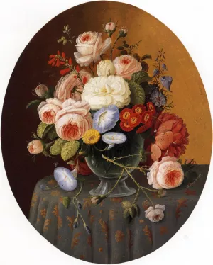 Floral Arrangement in a Glass Vase on a Clothed Table by Severin Roesen Oil Painting