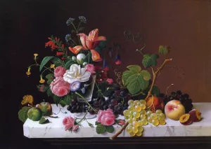 Fruit and Flowers on a Marble Table Ledge by Severin Roesen Oil Painting
