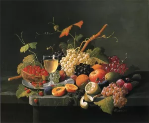 Fruit on a Marble Ledge with Wine Glass by Severin Roesen Oil Painting