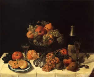 Fruit Still Life with Champagne Bottle by Severin Roesen Oil Painting