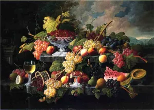 Fruit Still Life with Wine Glass in a Landscape by Severin Roesen Oil Painting